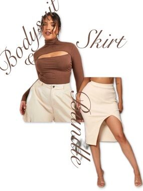 Brown Cutout Ribbed Mock Neck Bodysuit & Cream Asymmetric Skirt Set
